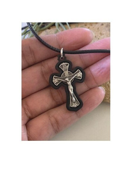 Black St Benedict Cross,Pewter and Wood Black Crucifix, Boys Cross Medal, Men's Cross & Leather Chain, First Communion and Confirmation Gift
