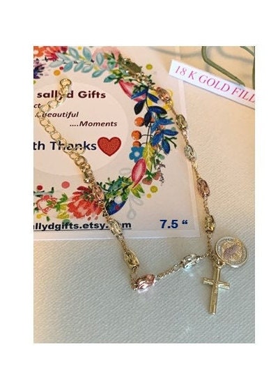 Dainty St Benedict Gold Filled Bracelet, Cute 18KT Gold Filled Bracelet Crucifix Medal, Ladies Gold St Benedict and Cross, Rosary Bracelet