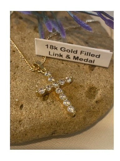 Simple Classy Gold Filled CZ Cross, Cubic Zirconia Clear Gold Filled Necklace, Ladies Crystal Cross Pendant, 18 KT Gold Filled Paved Cross