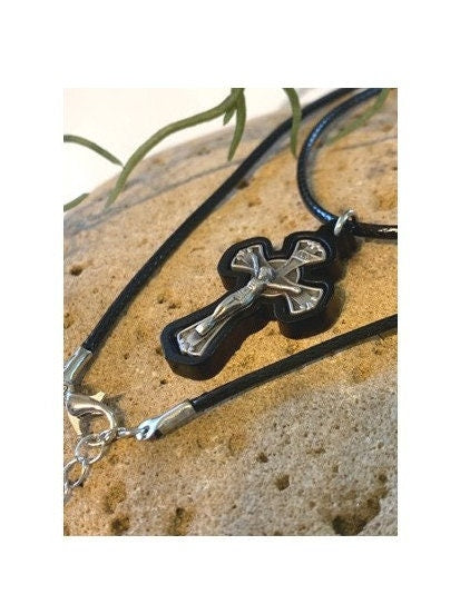 Black St Benedict Cross,Pewter and Wood Black Crucifix, Boys Cross Medal, Men's Cross & Leather Chain, First Communion and Confirmation Gift