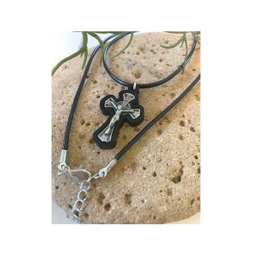 Black St Benedict Cross,Pewter and Wood Black Crucifix, Boys Cross Medal, Men's Cross & Leather Chain, First Communion and Confirmation Gift