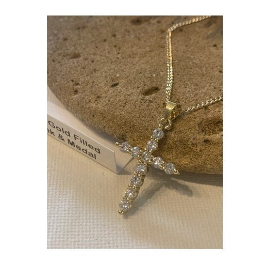 Simple Classy Gold Filled CZ Cross, Cubic Zirconia Clear Gold Filled Necklace, Ladies Crystal Cross Pendant, 18 KT Gold Filled Paved Cross