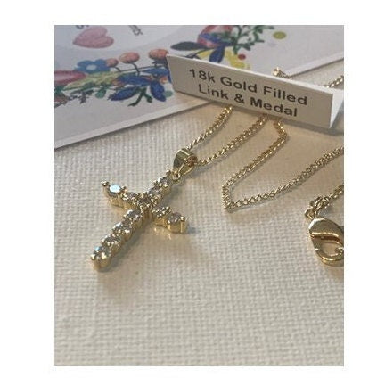 Simple Classy Gold Filled CZ Cross, Cubic Zirconia Clear Gold Filled Necklace, Ladies Crystal Cross Pendant, 18 KT Gold Filled Paved Cross