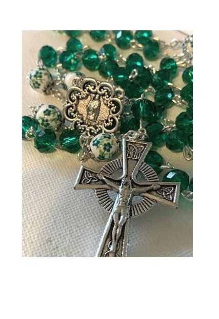 Celtic Rosary, Green Catholic Prayer Beads, Celtic Irish Rosary, St Patrick's Rosary, Irish Prayer Beads, Floral Ceramic and Glass Beads