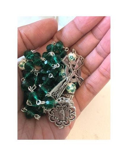 Celtic Rosary, Green Catholic Prayer Beads, Celtic Irish Rosary, St Patrick's Rosary, Irish Prayer Beads, Floral Ceramic and Glass Beads
