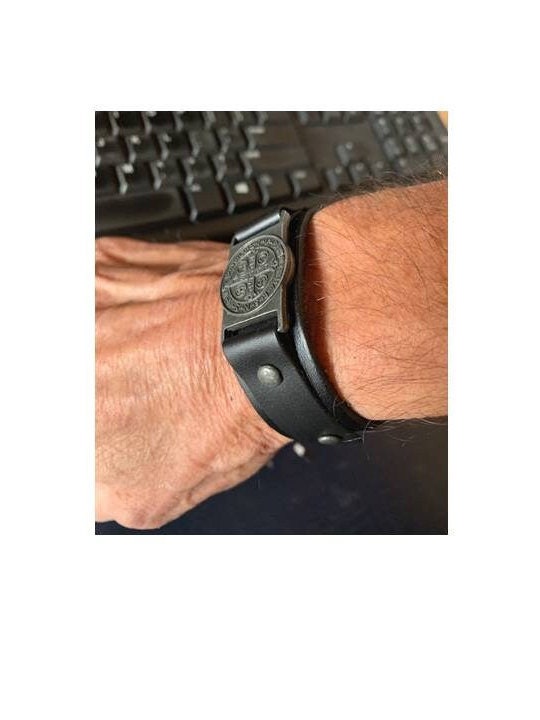 St Benedict Leather Bracelet,Genuine Leather Tan Wristband,Men's Saint Benedict Belt ,Black Leather Strap, Double Sided Medal Patron Saint