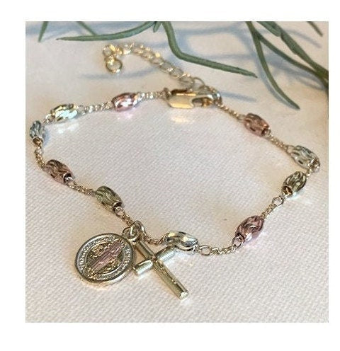 Dainty St Benedict Gold Filled Bracelet, Cute 18KT Gold Filled Bracelet Crucifix Medal, Ladies Gold St Benedict and Cross, Rosary Bracelet
