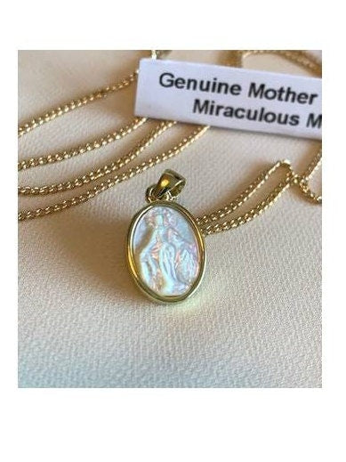 Dainty Genuine Mother Of Pearl Necklace, Small Miraculous Medal Pendant, Carved Miraculous Medal Jewelry, 18KT Gold Filled Virgin Mary
