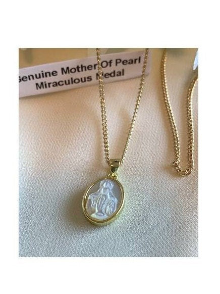 Dainty Genuine Mother Of Pearl Necklace, Small Miraculous Medal Pendant, Carved Miraculous Medal Jewelry, 18KT Gold Filled Virgin Mary