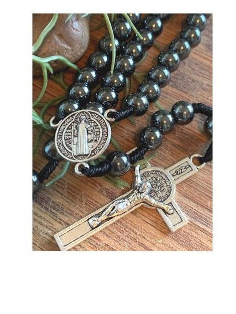 Strong Cord St Benedict Rosary, Big Hematite Beads Rosary, Black string Saint Benedict Rosary, Heavy Prayer Beads, men’s Catholic Gift