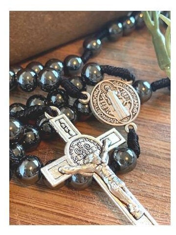 Strong Cord St Benedict Rosary, Big Hematite Beads Rosary, Black string Saint Benedict Rosary, Heavy Prayer Beads, men’s Catholic Gift