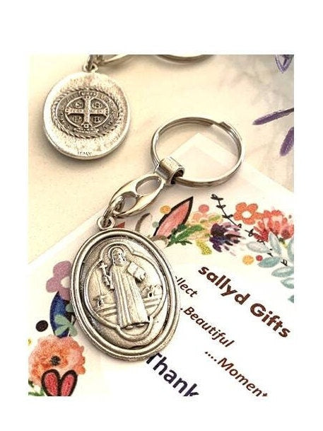 St Benedict Pewter Keyring, Saint Benedict Keychain, Car and Automobile Gifts, Religious Gifts for All, Double sided Religious Medal