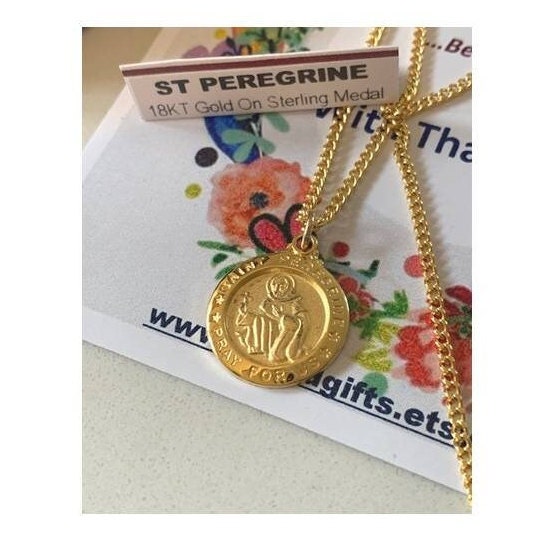 St Peregrine Medal, 18KT Gold Plated Saint Peregrine, Healing Saint , Patron of Cancer Patients, Ladies and Mens Catholic Sterling Medal