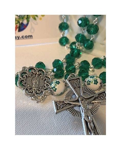 Celtic Rosary, Green Catholic Prayer Beads, Celtic Irish Rosary, St Patrick's Rosary, Irish Prayer Beads, Floral Ceramic and Glass Beads