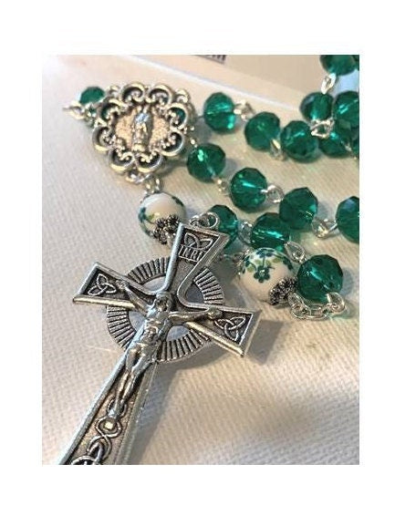 Celtic Rosary, Green Catholic Prayer Beads, Celtic Irish Rosary, St Patrick's Rosary, Irish Prayer Beads, Floral Ceramic and Glass Beads