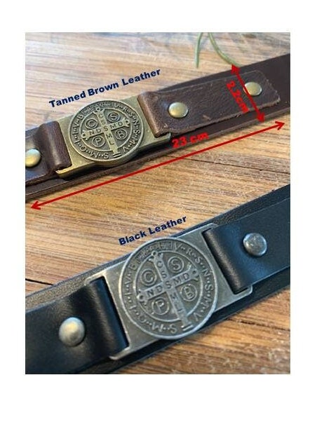 St Benedict Leather Bracelet,Genuine Leather Tan Wristband,Men's Saint Benedict Belt ,Black Leather Strap, Double Sided Medal Patron Saint