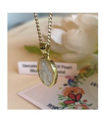 Dainty Genuine Mother Of Pearl Necklace, Small Miraculous Medal Pendant, Carved Miraculous Medal Jewelry, 18KT Gold Filled Virgin Mary