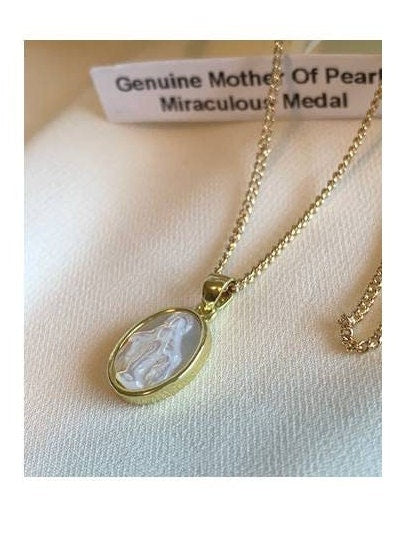 Dainty Genuine Mother Of Pearl Necklace, Small Miraculous Medal Pendant, Carved Miraculous Medal Jewelry, 18KT Gold Filled Virgin Mary