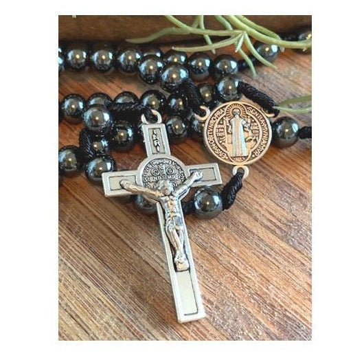 Strong Cord St Benedict Rosary, Big Hematite Beads Rosary, Black string Saint Benedict Rosary, Heavy Prayer Beads, men’s Catholic Gift