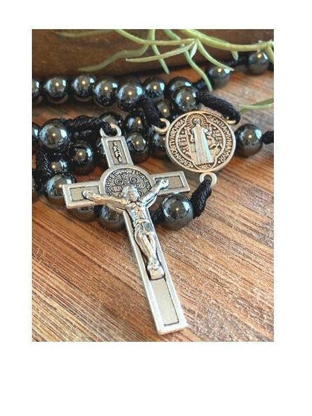 Strong Cord St Benedict Rosary, Big Hematite Beads Rosary, Black string Saint Benedict Rosary, Heavy Prayer Beads, men’s Catholic Gift