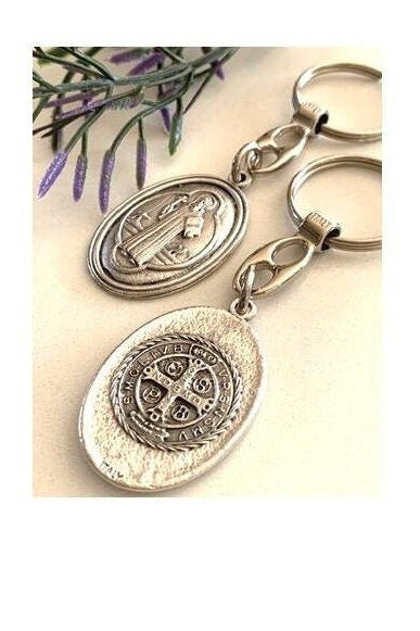 St Benedict Pewter Keyring, Saint Benedict Keychain, Car and Automobile Gifts, Religious Gifts for All, Double sided Religious Medal