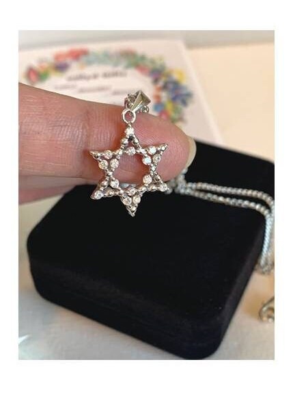 Star Of David Feminine Necklace, Sterling Silver Star of David Medal, Shield of David Medal with CZ stone, Crystallized Jewish Jewelry