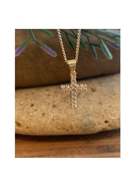 Cute Gold Stone Cross, Tiny 18KT Gold Filled Cross Pendant, Ladies and Girls Cross Jewelry, Clear Zirconium Gold Necklace, Sweet Bridal Gift