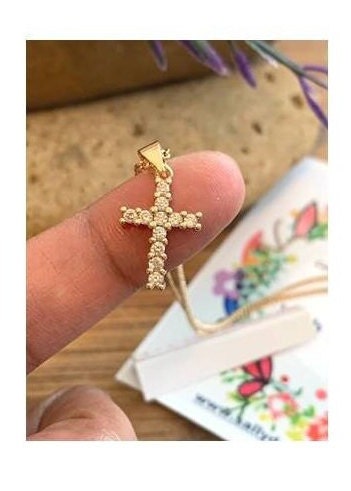Cute Gold Stone Cross, Tiny 18KT Gold Filled Cross Pendant, Ladies and Girls Cross Jewelry, Clear Zirconium Gold Necklace, Sweet Bridal Gift