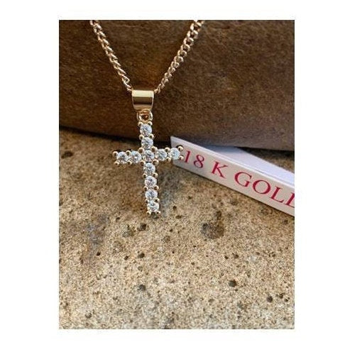 Cute Gold Stone Cross, Tiny 18KT Gold Filled Cross Pendant, Ladies and Girls Cross Jewelry, Clear Zirconium Gold Necklace, Sweet Bridal Gift