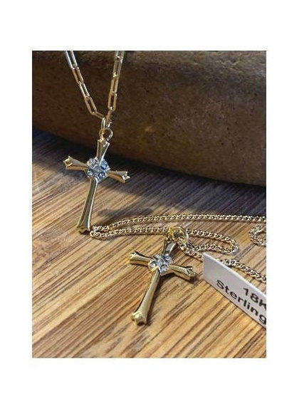 Gold Ladies Celtic Cross w/CZ, Stone Studded Celtic Cross, 18KT Gold On Sterling Christian Cross Medal,Paperclip Chain, Quality Cross Medal