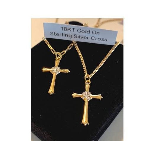 Gold Ladies Celtic Cross w/CZ, Stone Studded Celtic Cross, 18KT Gold On Sterling Christian Cross Medal,Paperclip Chain, Quality Cross Medal