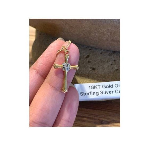 Gold Ladies Celtic Cross w/CZ, Stone Studded Celtic Cross, 18KT Gold On Sterling Christian Cross Medal,Paperclip Chain, Quality Cross Medal