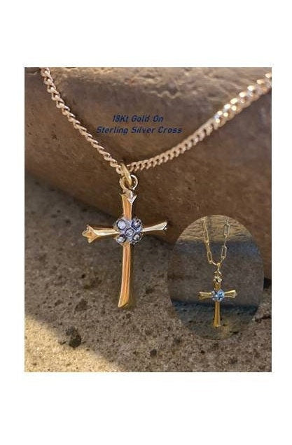 Gold Ladies Celtic Cross w/CZ, Stone Studded Celtic Cross, 18KT Gold On Sterling Christian Cross Medal,Paperclip Chain, Quality Cross Medal