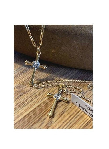 Gold Ladies Celtic Cross w/CZ, Stone Studded Celtic Cross, 18KT Gold On Sterling Christian Cross Medal,Paperclip Chain, Quality Cross Medal