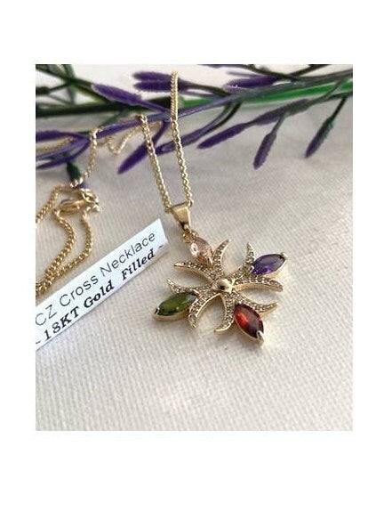 18kt Gold Filled Fleur De Lys Cross,Multi Colour CZ Stone Cross, Beautiful Christian Cross Pendant, Gold Cross Medal with Colorful CZ stone