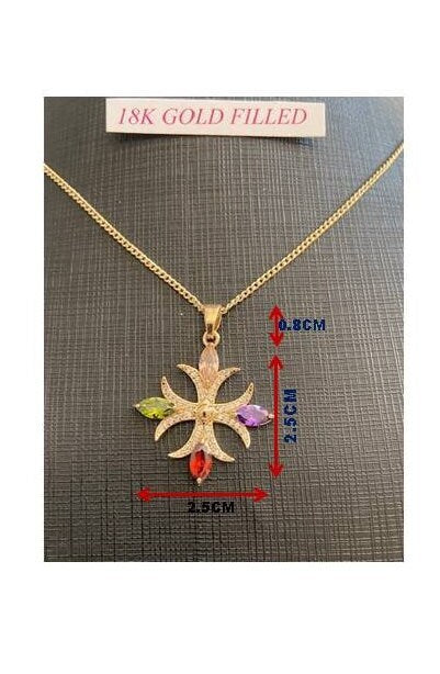 18kt Gold Filled Fleur De Lys Cross,Multi Colour CZ Stone Cross, Beautiful Christian Cross Pendant, Gold Cross Medal with Colorful CZ stone