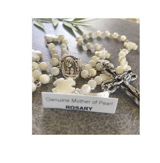 Real Mother Of Pearl Rosary, Genuine Pearl Prayer Beads with Miraculous Medal, Sacred Heart of Jesus Medal, Praying Virgin Mary Medal