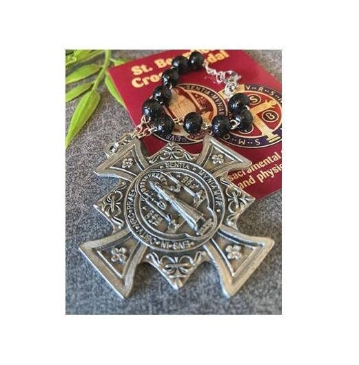 Large St Benedict Medal, St Benedict Car Rosary, One Decade Wood Rosary, Door hanger with St Benedict Medal, Home Protection and Blessings