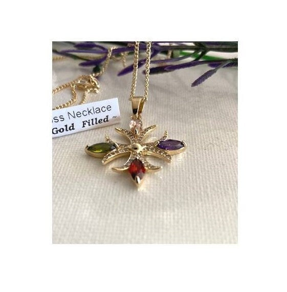 18kt Gold Filled Fleur De Lys Cross,Multi Colour CZ Stone Cross, Beautiful Christian Cross Pendant, Gold Cross Medal with Colorful CZ stone