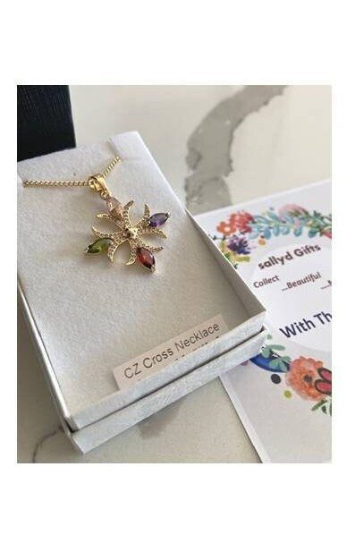 18kt Gold Filled Fleur De Lys Cross,Multi Colour CZ Stone Cross, Beautiful Christian Cross Pendant, Gold Cross Medal with Colorful CZ stone