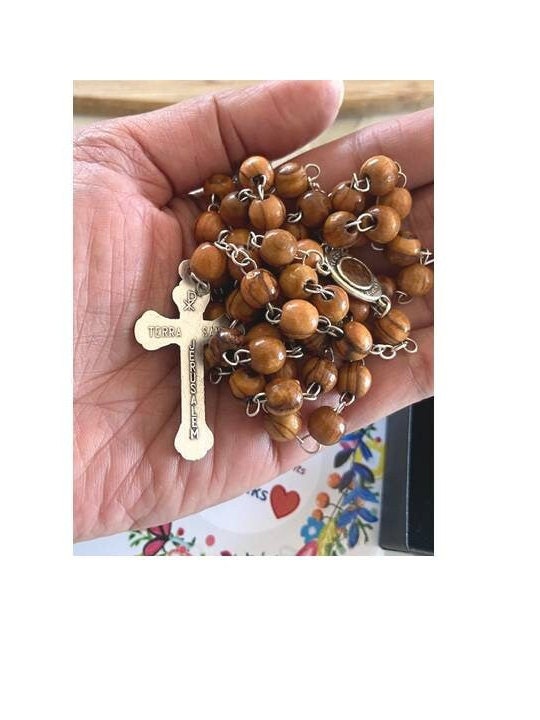 Olive Wood Rosary with Jerusalem Soil , Genuine Olivewood beads from Jerusalem,Wooden Prayer beads with Holy Land Soil,Wood Catholic Rosary