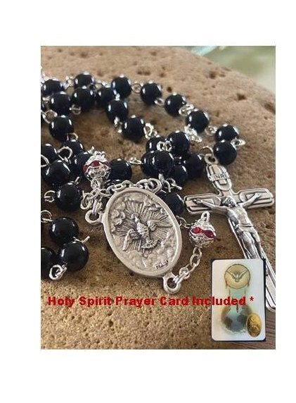 Holy Spirit Rosary, Black Rosary with Holy Spirit Medal, Boys Confirmation Rosary, Holy Spirit Prayer Card, Venetian Glass Rosary