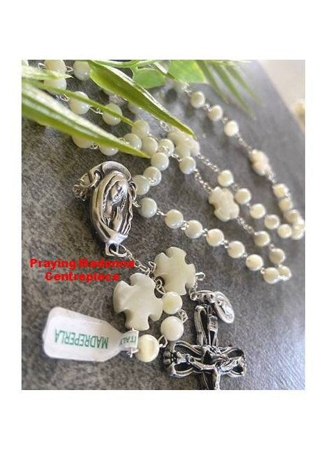 Real Mother Of Pearl Rosary, Genuine Pearl Prayer Beads with Miraculous Medal, Sacred Heart of Jesus Medal, Praying Virgin Mary Medal