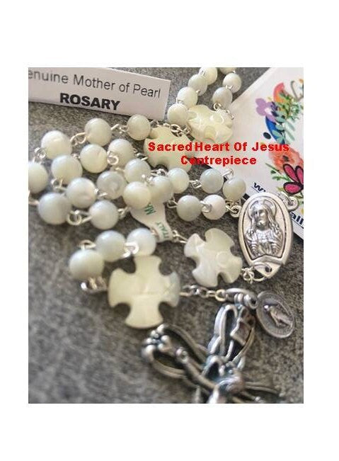 Real Mother Of Pearl Rosary, Genuine Pearl Prayer Beads with Miraculous Medal, Sacred Heart of Jesus Medal, Praying Virgin Mary Medal