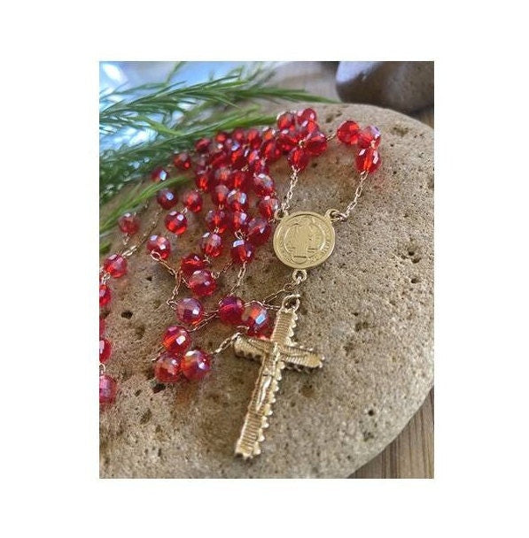 St Benedict Stone Rosary, Gold Filled St Benito Rosary, Ruby Stone Rosary Chain, Gold Link Red Stone Rosary, Rosary for Protection