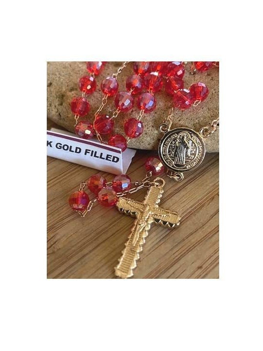 St Benedict Stone Rosary, Gold Filled St Benito Rosary, Ruby Stone Rosary Chain, Gold Link Red Stone Rosary, Rosary for Protection