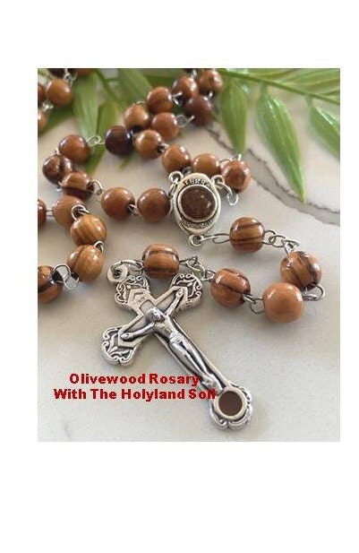 Olive Wood Rosary with Jerusalem Soil , Genuine Olivewood beads from Jerusalem,Wooden Prayer beads with Holy Land Soil,Wood Catholic Rosary