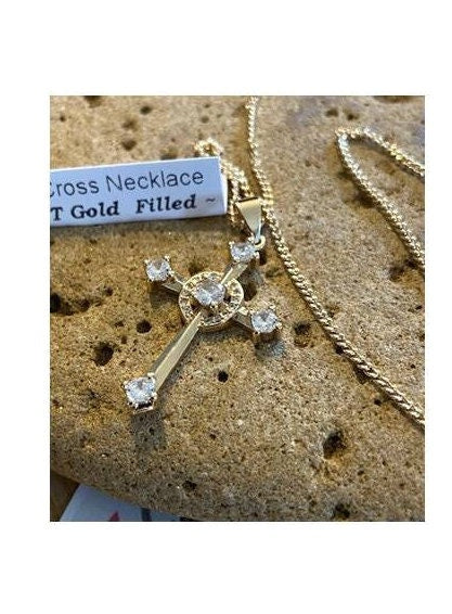 Gold Filled Celtic Cross, Unity Cross with CZ Stone, Crystal Celtic Cross Necklace, 18KT Gold Filled Ladies Cross. Christian Cross Jewelry