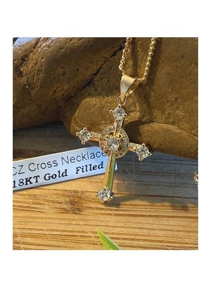 Gold Filled Celtic Cross, Unity Cross with CZ Stone, Crystal Celtic Cross Necklace, 18KT Gold Filled Ladies Cross. Christian Cross Jewelry
