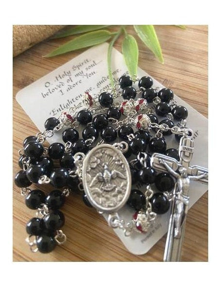 Holy Spirit Rosary, Black Rosary with Holy Spirit Medal, Boys Confirmation Rosary, Holy Spirit Prayer Card, Venetian Glass Rosary